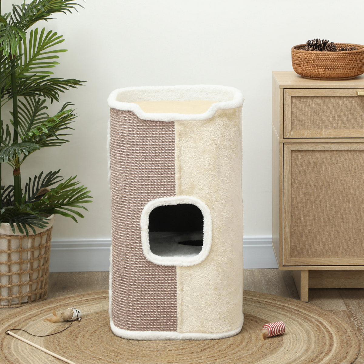 PawHut Kratztonne für Katzen, Katzenbaum, 3 Ebenen, robust, weicher Plüsch, Rückzugsort, Beige