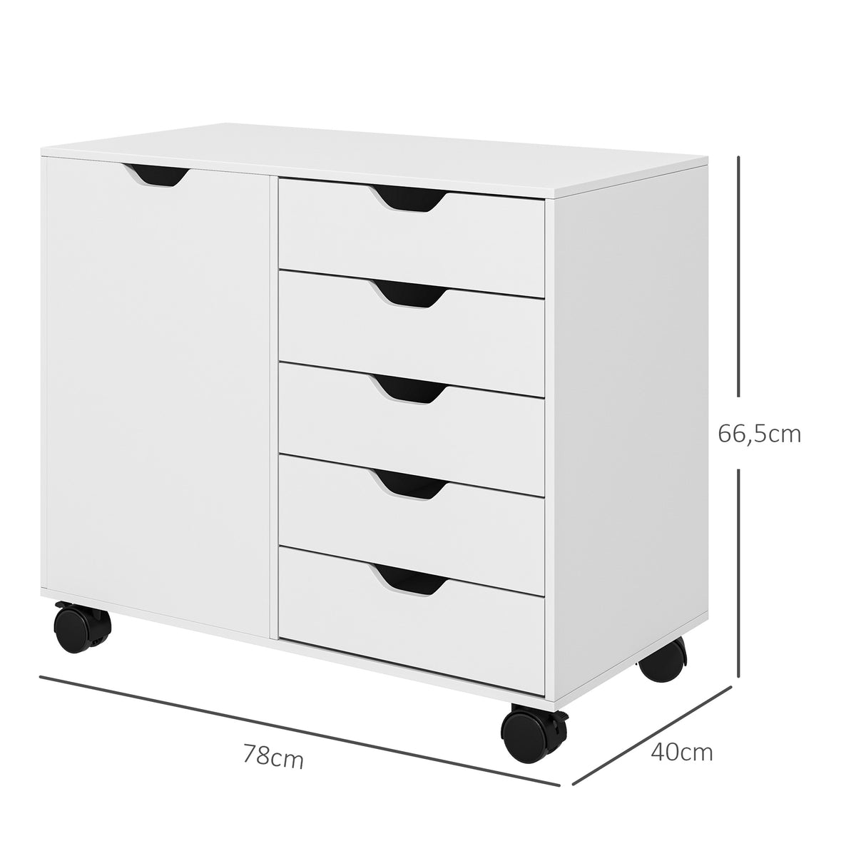HOMCOM Büroaufbewahrungsmöbel 5 Schubladen 1 Tür verstellbares Regal, Druckerständer auf Rollen, 78x40x66,5 cm, weiß