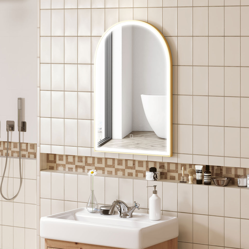 HOMCOM LED-Badezimmerspiegel 90 x 60cm, wandmontiert, 3 Farben, gewölbt, Aluminiumrahmen, Entfeuchtung und Touchschalter