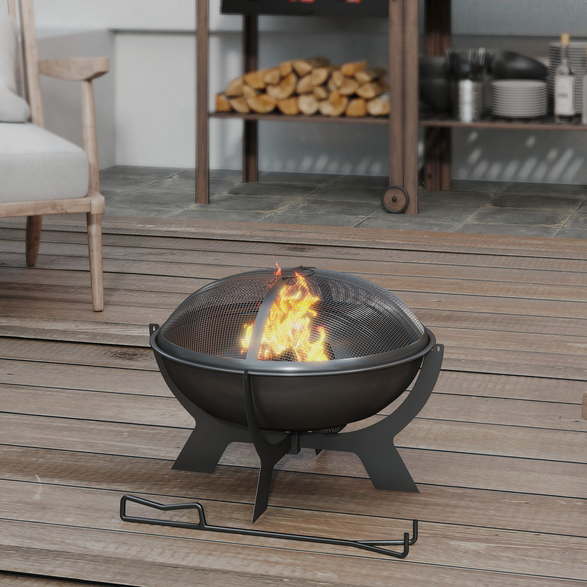 Outsunny Feuerschale Ø54x39cm aus Metall Rund Feuerstelle mit Funkenschutz Schürhaken Feuerkorb für Garten, Balkon Schwarz