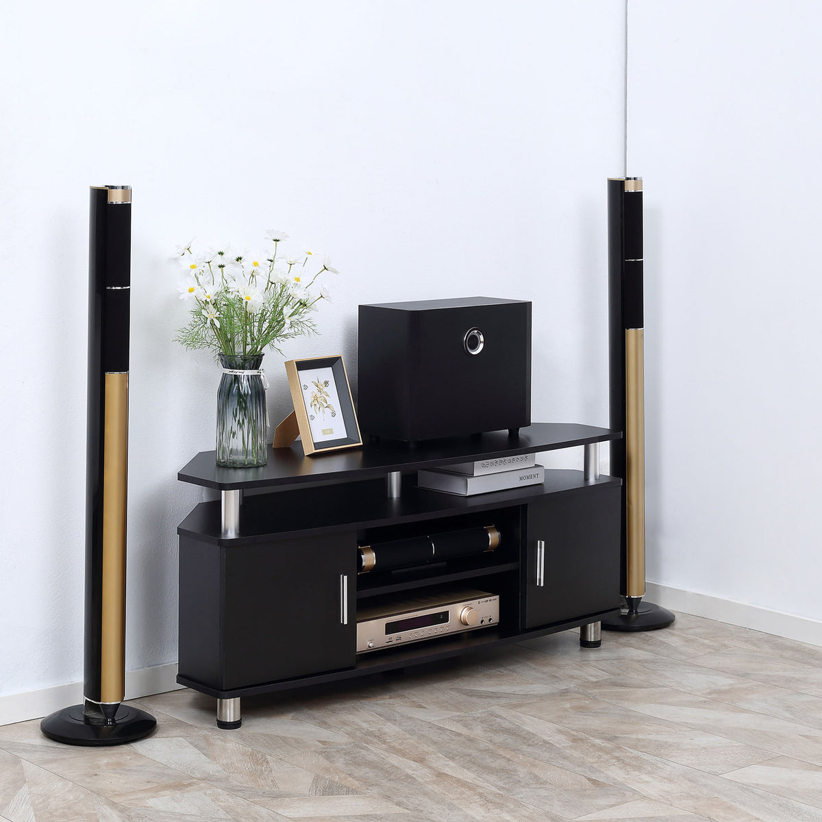 HOMCOM TV-Bank im zeitgenössischen Design mit Multi-Aufbewahrung: 2 Türen Zentrale Nische Regal Große Plattform 120L x 40B x 52H cm Schwarz Chrom