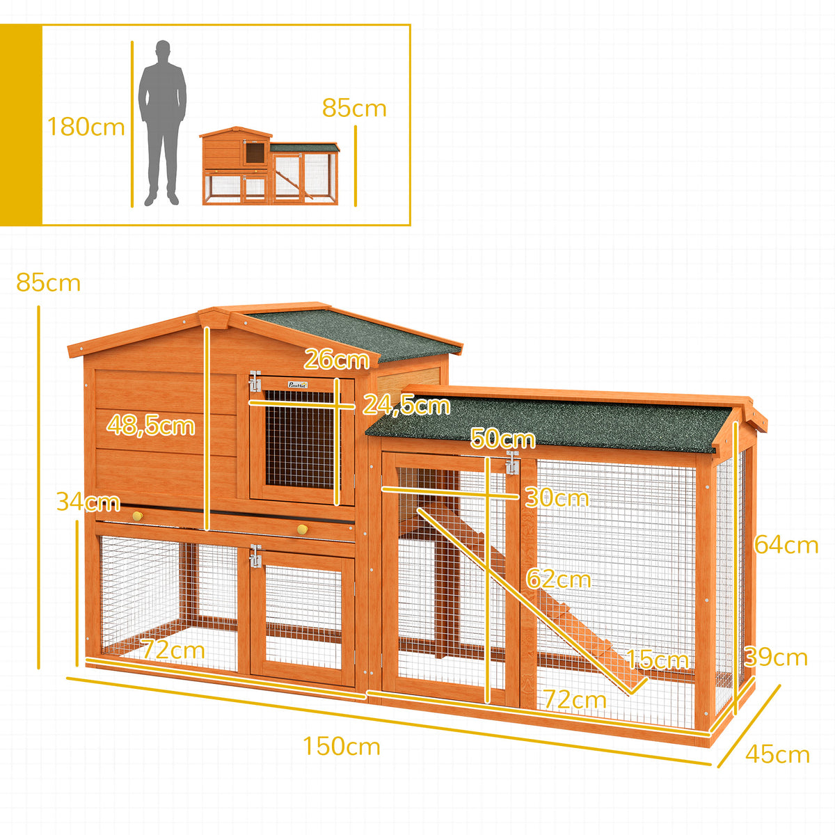 PawHut Kleintierstall, Kleintierkäfig, Outdoor-Kaninchenstall, Freilaufgehege, winterfest, Massivholz, 150 x 45 x 85 cm, Orange