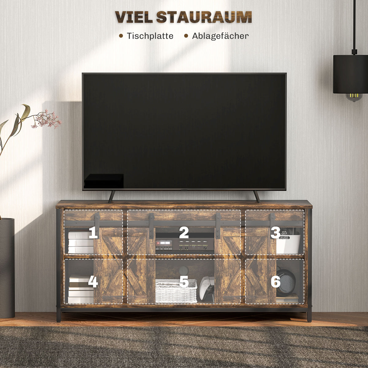 HOMCOM TV Lowboard, Industrial Design, für 60'' TVs, 6 Fächer, 2 Schiebetüren, Braun/Schwarz