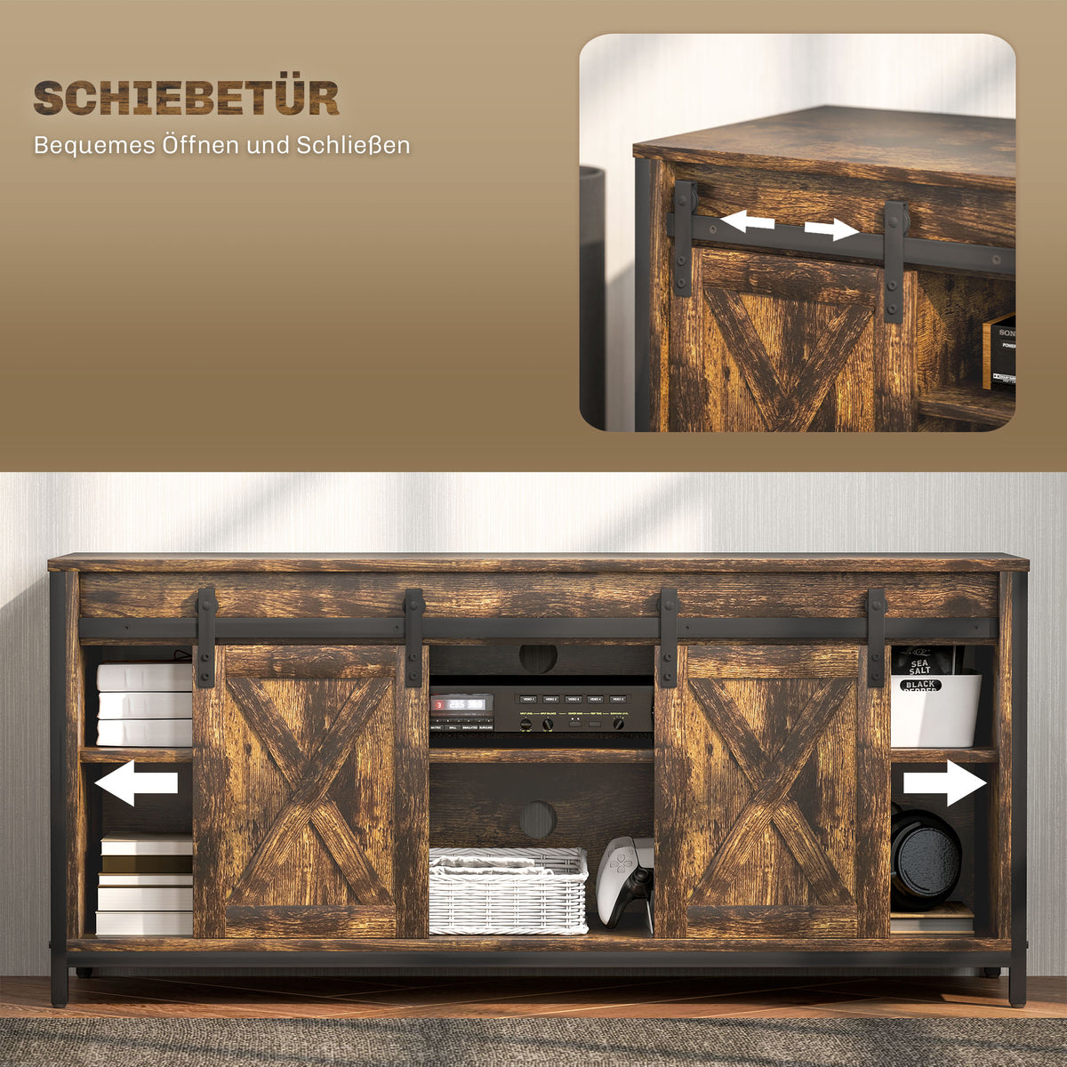 HOMCOM TV Lowboard, Industrial Design, für 60'' TVs, 6 Fächer, 2 Schiebetüren, Braun/Schwarz