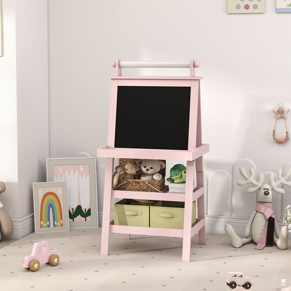 AIYAPLAY Kinder-Malständer 3-in-1 mit magnetischer weißer Tafel, Kreidetafel, Papierrolle, 2 Körben, 3-6 Jahre, Rosa