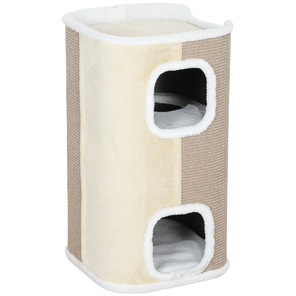 PawHut Kratztonne für Katzen, Katzenbaum, 3 Ebenen, robust, weicher Plüsch, Rückzugsort, Beige