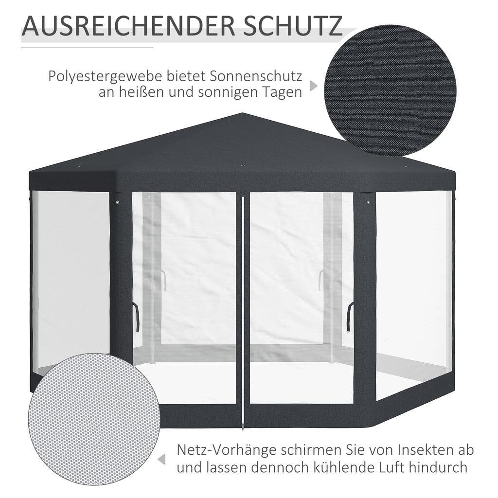 Outsunny Gartenpavillon, 6-eckig, Netzvorhänge, Metallgestell, 3,94x3,412x2,5m, Dunkelgrau