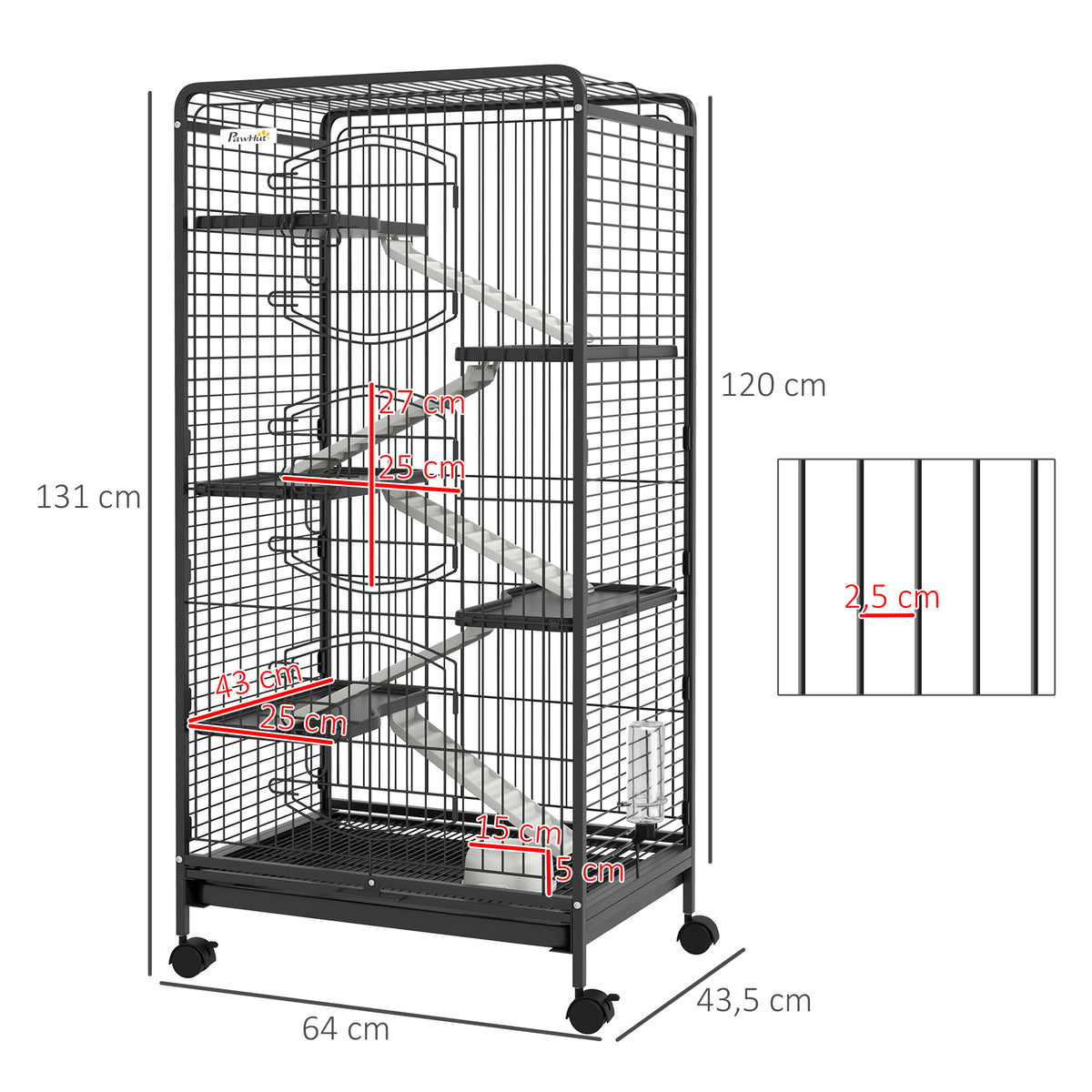 PawHut Käfig für Kleintiere Mit Rollen 5 Rampen 5 Plattformen Flasche und Wasserschale 250 ml Abnehmbar
