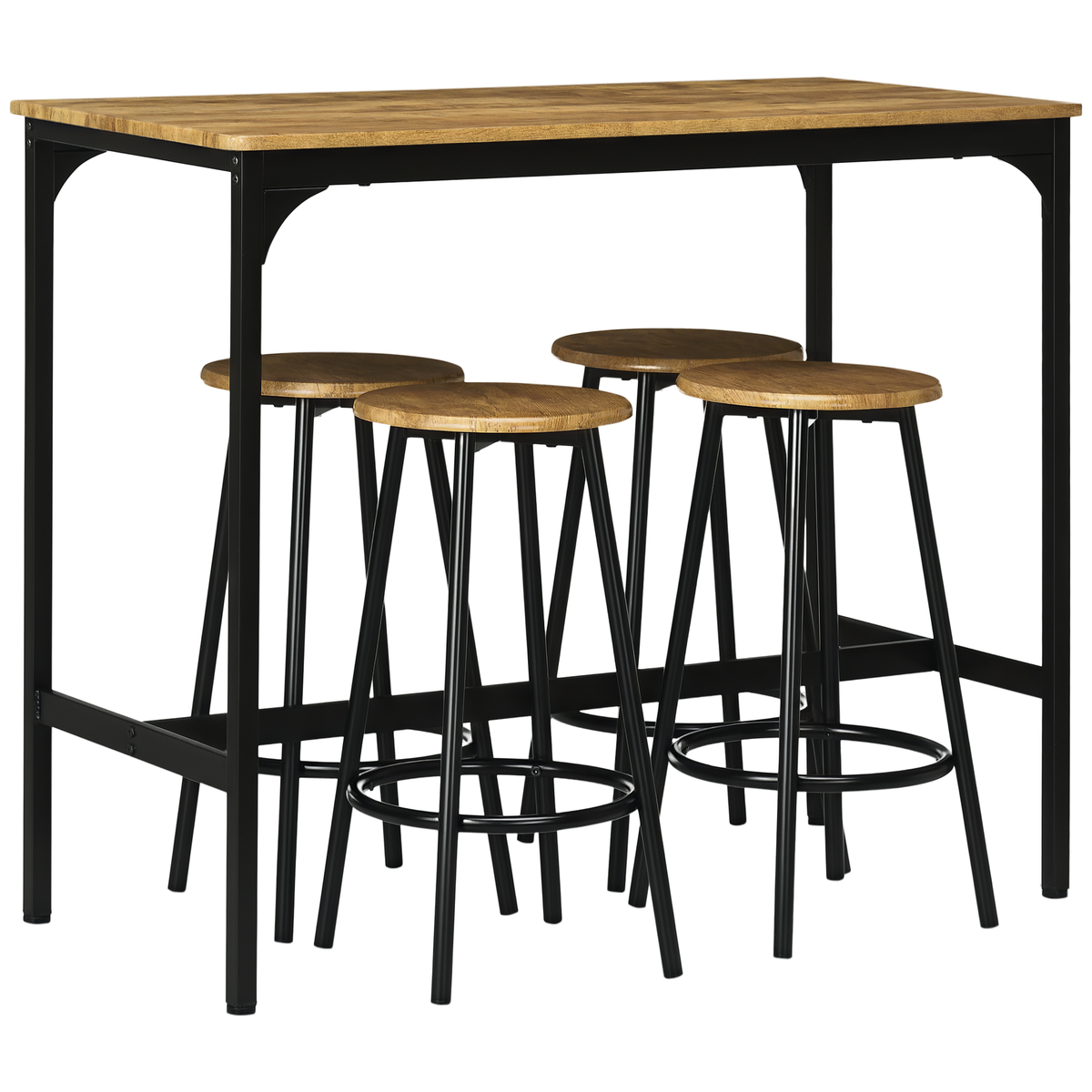 HOMCOM 5-tlg. Bartisch-Set im Industriedesign, 1 Bartisch, 4 Barhocker, Sitzgruppe, Küchentresen, Schwarz + Braun
