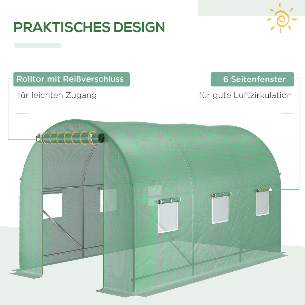 Outsunny Gewächshaus 350x200x200cm Foliengewächshaus Tomatenhaus Tür mit Moskitonetz, Fenster, Folientunnel aus verzinktem Stahl, stabiles Pflanztunnel, Treibhaus inkl. Erdanker Seilen, Grün
