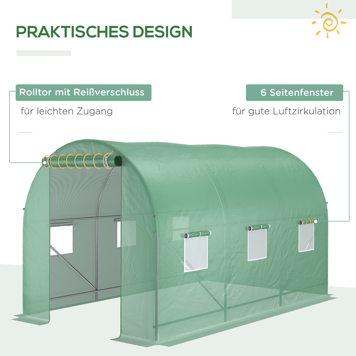 Outsunny Gewächshaus 350x200x200cm Foliengewächshaus Tomatenhaus Tür mit Moskitonetz, Fenster, Folientunnel aus verzinktem Stahl, stabiles Pflanztunnel, Treibhaus inkl. Erdanker Seilen, Grün