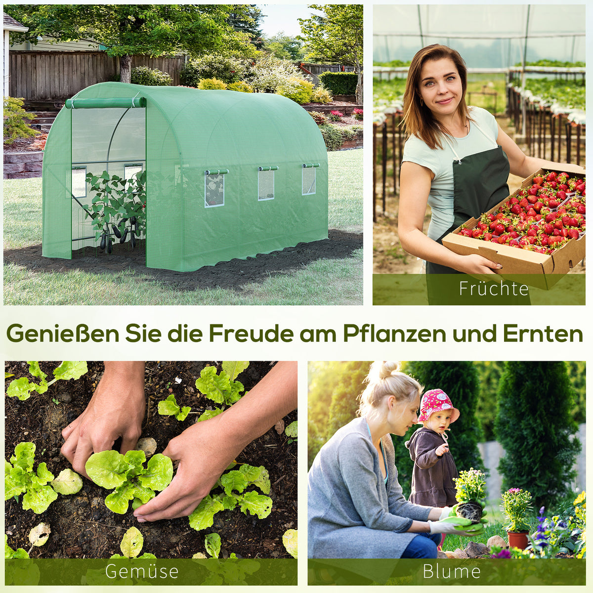 Outsunny Gewächshaus 350x200x200cm Foliengewächshaus Tomatenhaus Tür mit Moskitonetz, Fenster, Folientunnel aus verzinktem Stahl, stabiles Pflanztunnel, Treibhaus inkl. Erdanker Seilen, Grün