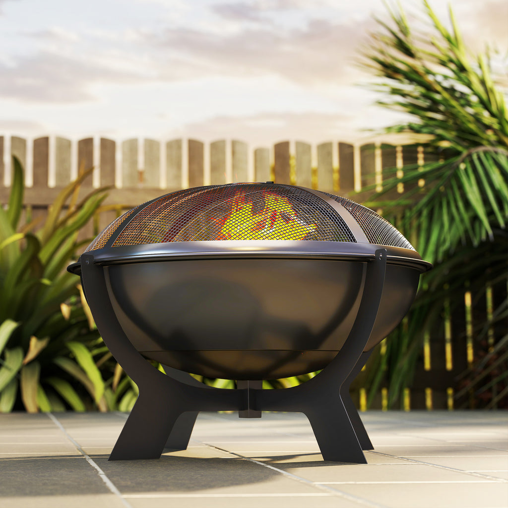 Outsunny Feuerschale Ø54x39cm aus Metall Rund Feuerstelle mit Funkenschutz Schürhaken Feuerkorb für Garten, Balkon Schwarz