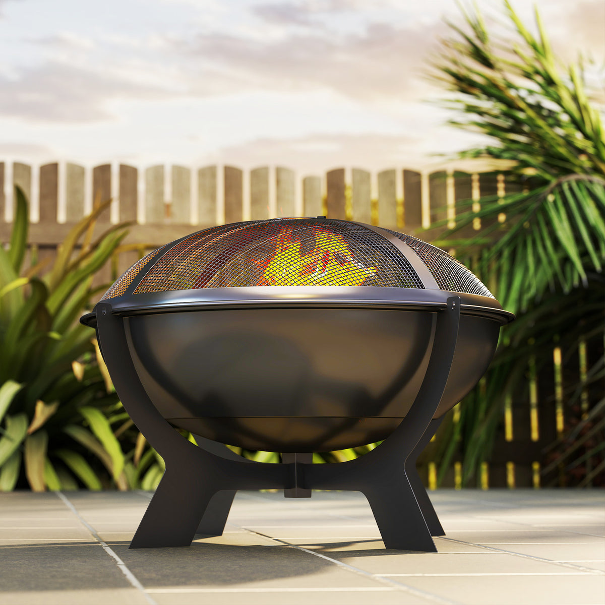 Outsunny Feuerschale Ø54x39cm aus Metall Rund Feuerstelle mit Funkenschutz Schürhaken Feuerkorb für Garten, Balkon Schwarz