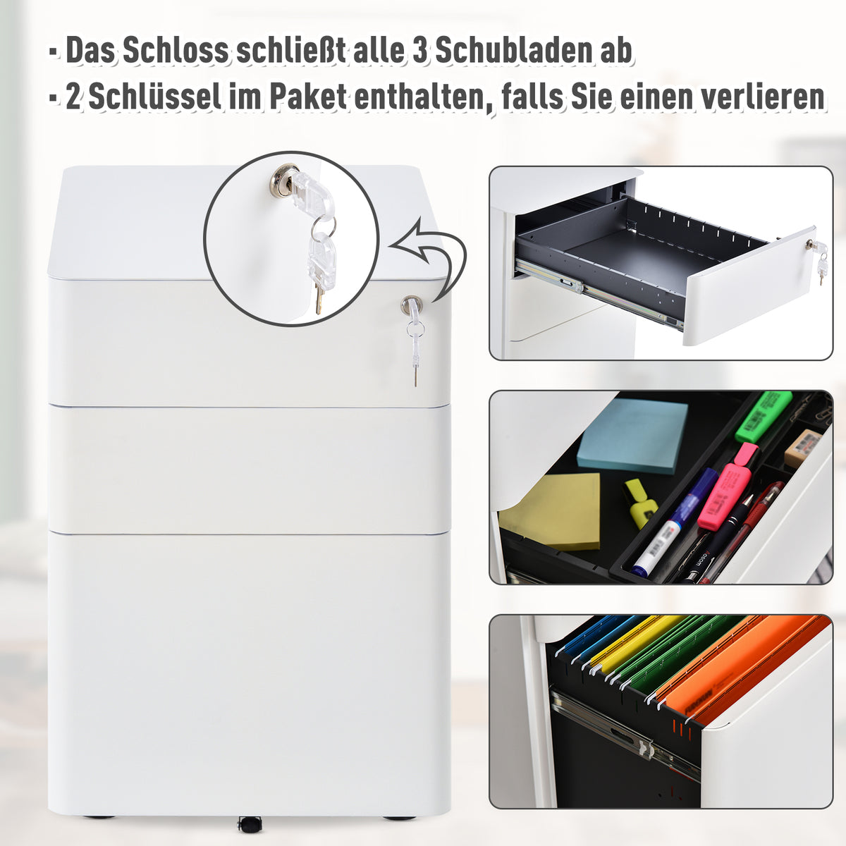 Vinsetto Rollcontainer, mobiler Aktenschrank mit 3 Schubladen, abschließbarer Büroschrank mit Hängeregistratur, Aufbewahrung, Stahl, 39 x 48 x 59 cm Weiß