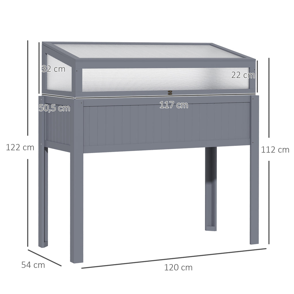 Outsunny Hochbeet Holz mit Frühbeet 2-in1 Gewächshaus Tomatenhaus Gemüsebeet Kräuterbeet Pflanzkasten für Garten Balkon und Terrasse Polycarbonat Grau 120 x 54 x 112/122 cm