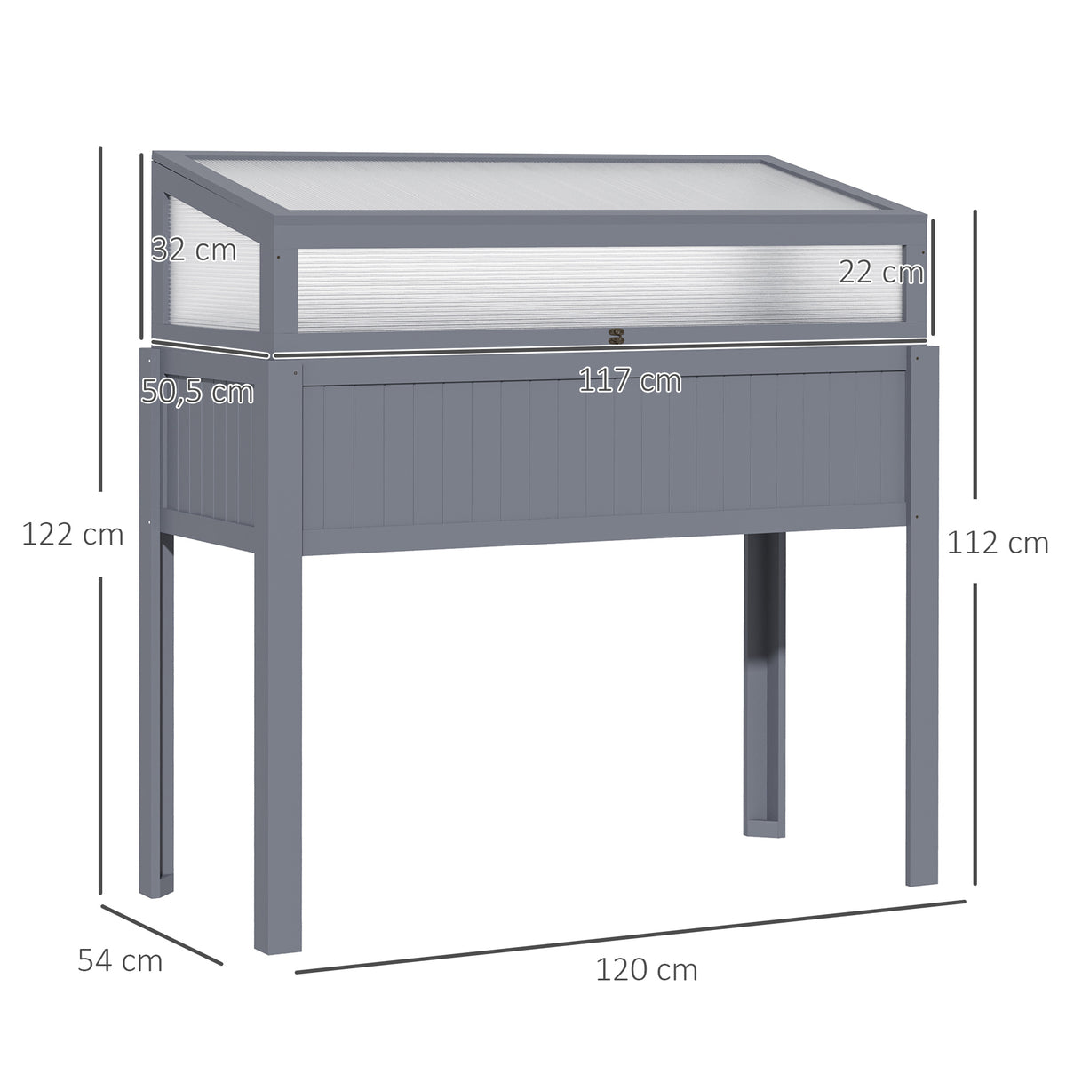 Outsunny Hochbeet Holz mit Frühbeet 2-in1 Gewächshaus Tomatenhaus Gemüsebeet Kräuterbeet Pflanzkasten für Garten Balkon und Terrasse Polycarbonat Grau 120 x 54 x 112/122 cm