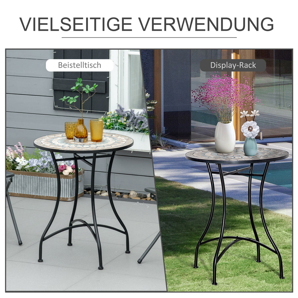 Outsunny Gartentisch Mosaiktisch Balkontisch Beistelltisch Seviertisch rund Stahl + Keramik Orange + Weiß Ø60 x H71 cm