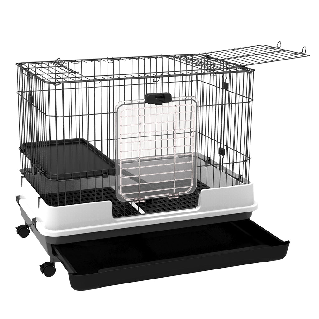 PawHut Kleintierkäfig mit Räder, 2 Türen, Plattform, Bodenfach, Metall, Schwarz, 81,2 x 52,7 x 66 cm
