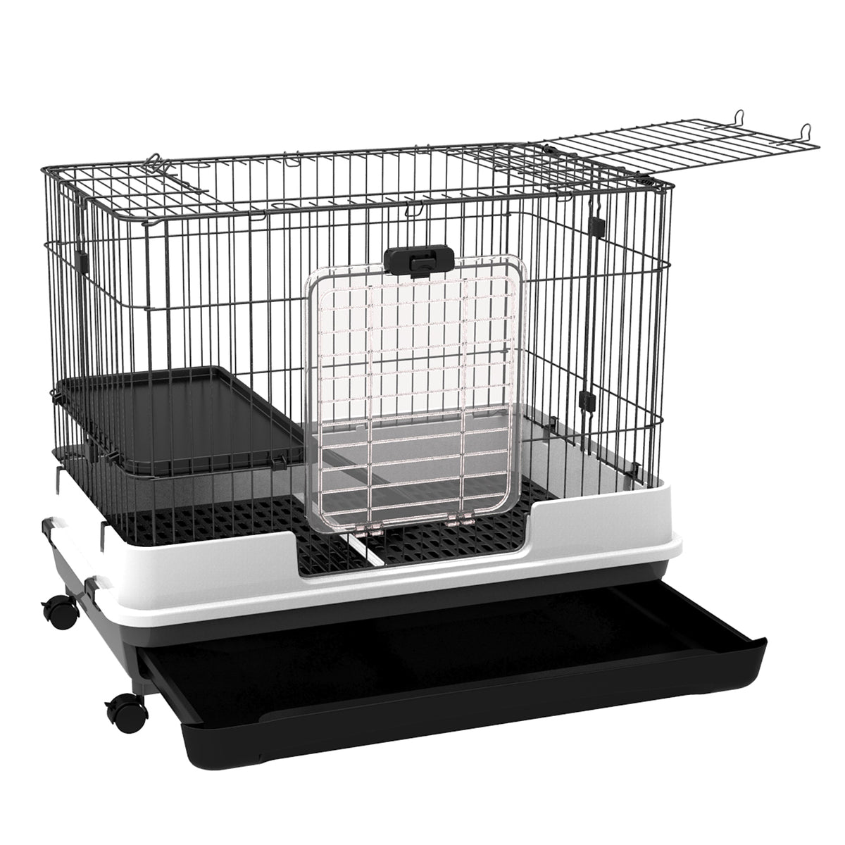 PawHut Kleintierkäfig mit Räder, 2 Türen, Plattform, Bodenfach, Metall, Schwarz, 81,2 x 52,7 x 66 cm