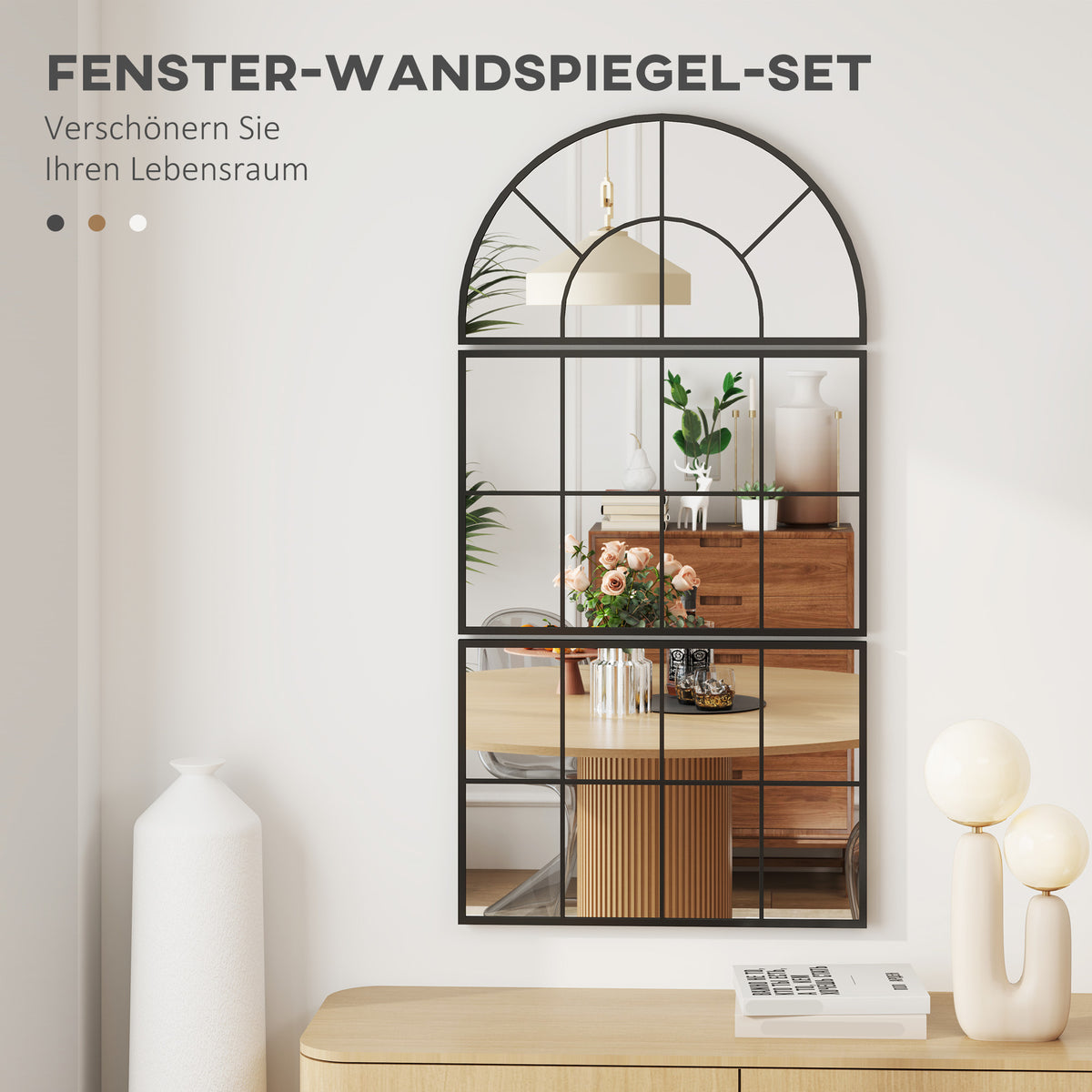HOMCOM Wandspiegel, Fensterspiegel, dreiteilig, Metallrahmen, 76 x 53 cm, Schwarz