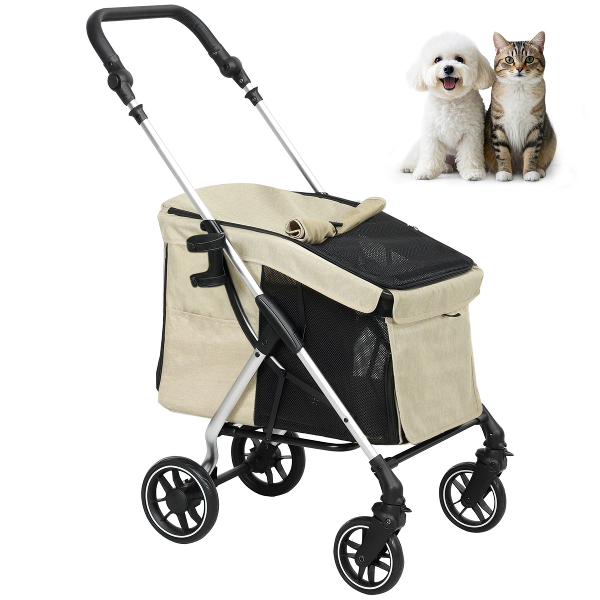 PawHut Hundewagen, Leichter und faltbarer Transportwagen für kleine Hunde, waschbares Kissen, Netzfenster, Khaki