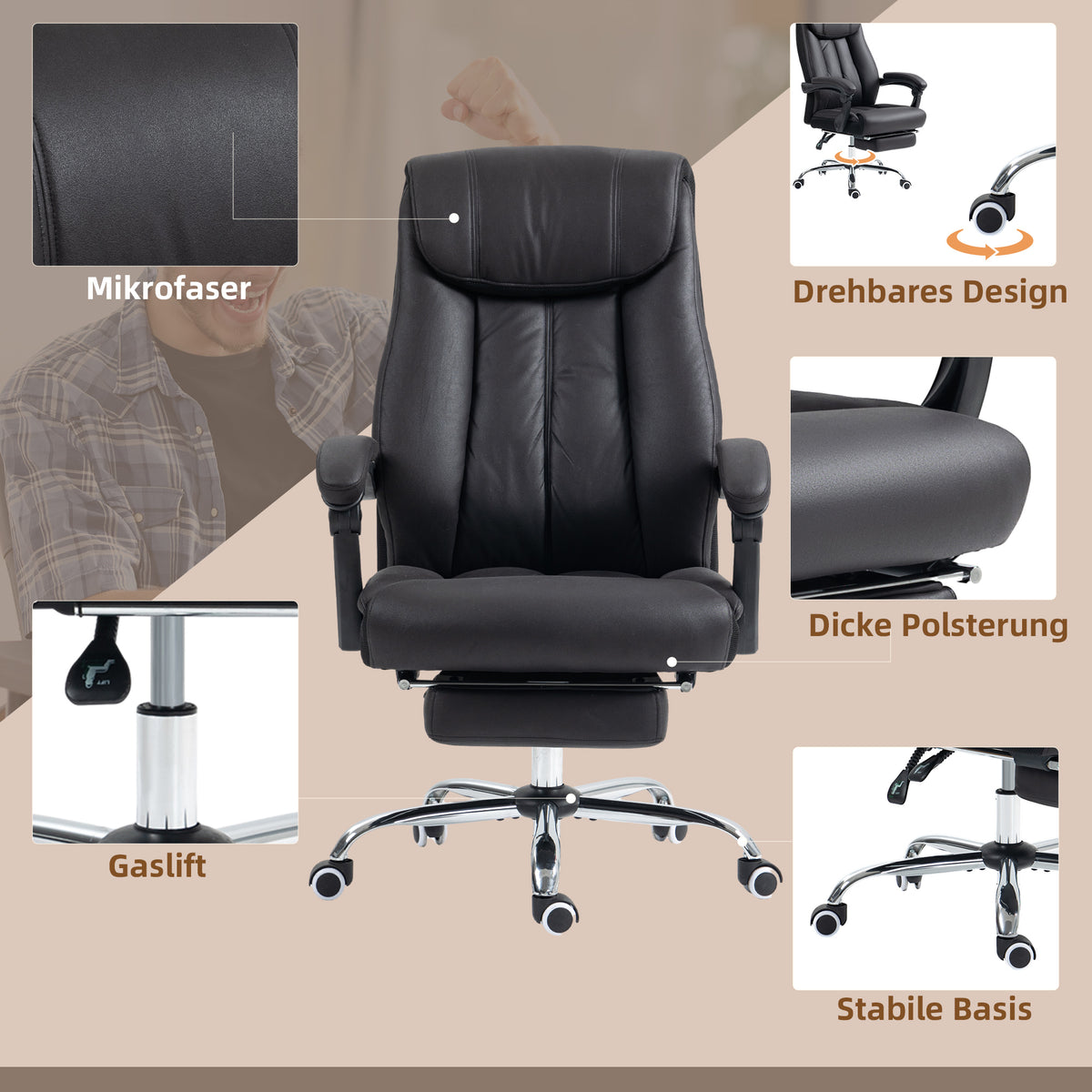 HOMCOM Bürostuhl Schreibtischstuhl Chefsessel, mit Fußstütze, höhenverstellbar, 145° Neigungswinkel, 66 x 70 x 119 cm, Schwarz