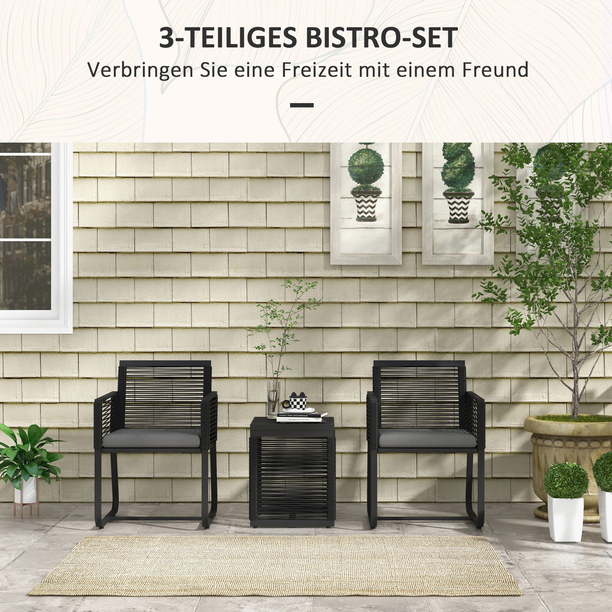 Outsunny 3-teiliges Bistro-Set Balkon-Set Terrassen-Set, wetterbeständig, modernes Design, 53 cm x 57 cm x 77 cm, Schwarz + Grau