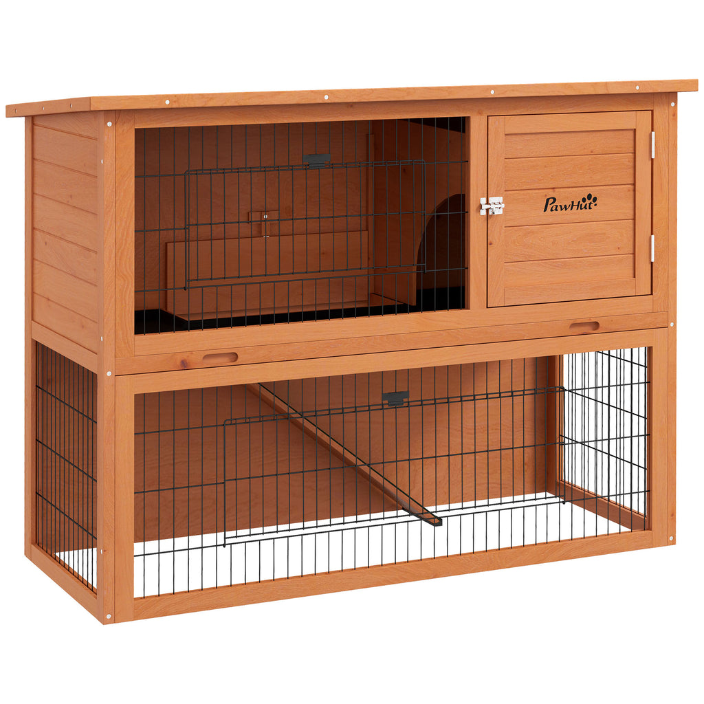 PawHut Kaninchenstall aus Holz 2 Etagen mit 3 Türen herausziehbare Schublade Rampe Bitumendach 120 x 50 x 92 cm Orange