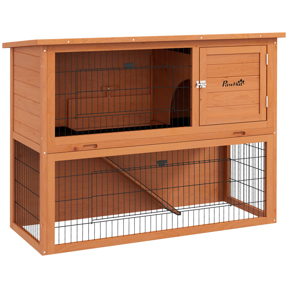 PawHut Kaninchenstall aus Holz 2 Etagen mit 3 Türen herausziehbare Schublade Rampe Bitumendach 120 x 50 x 92 cm Orange