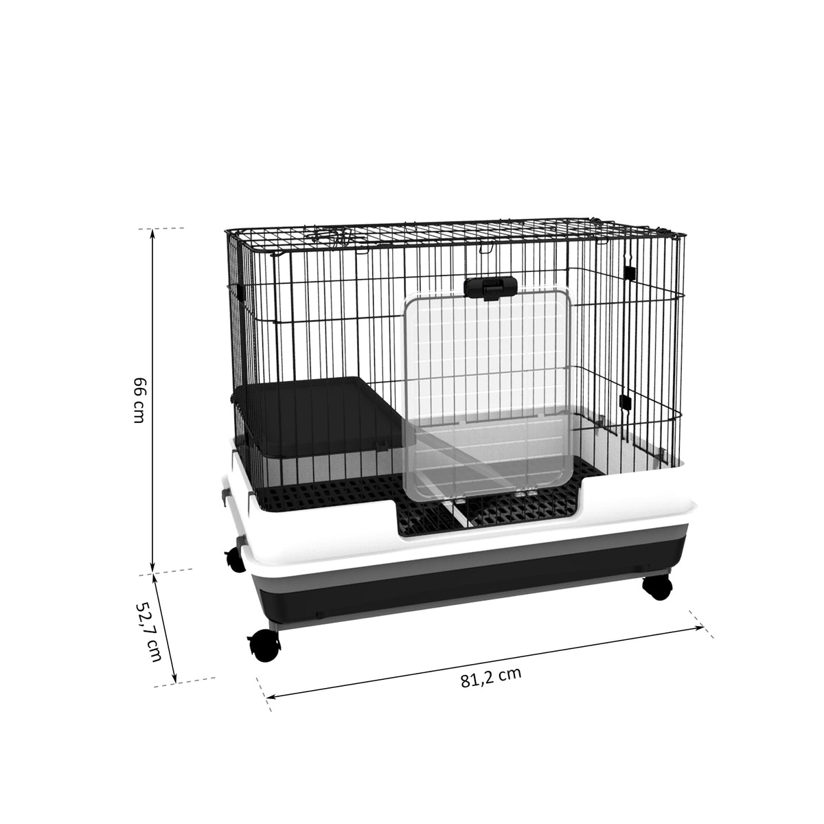 PawHut Kleintierkäfig mit Räder, 2 Türen, Plattform, Bodenfach, Metall, Schwarz, 81,2 x 52,7 x 66 cm