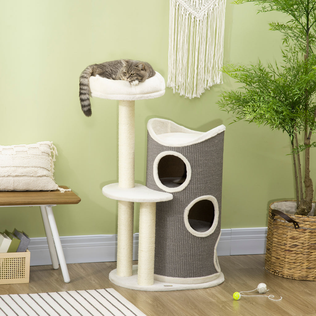 PawHut Kratzbaum mit Katzenbett u. Kratztonne für Katzen, 60 cm x 44,5 cm x 109 cm, Grau + Natur + Weiß