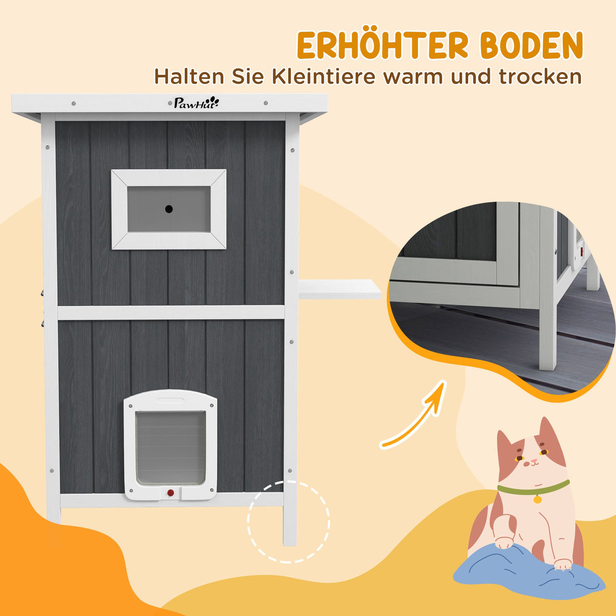 PawHut Katzenhaus Katzenhütte Katzenhöhle, Outdoor, wetterbeständig, 60 x 60 x 90, 5 cm, Grau + Weiß