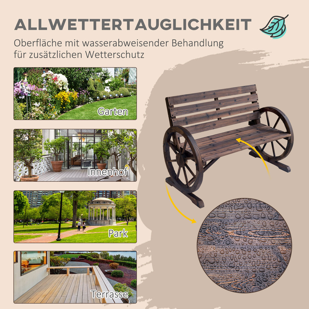 Outsunny Gartenbank 2-Sitzer Sitzbank Holzbank Wagenrad mit Armlehne Landhausstil Tannenholz Braun 105,5 x 59 x 75 cm