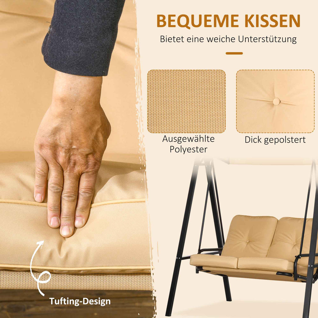 Outsunny Hollywoodschaukel, 2-Sitzer Gartenschaukel mit verstellbarem Dach, bis 220 kg belastbar, 138 x 106 x 174 cm, Beige