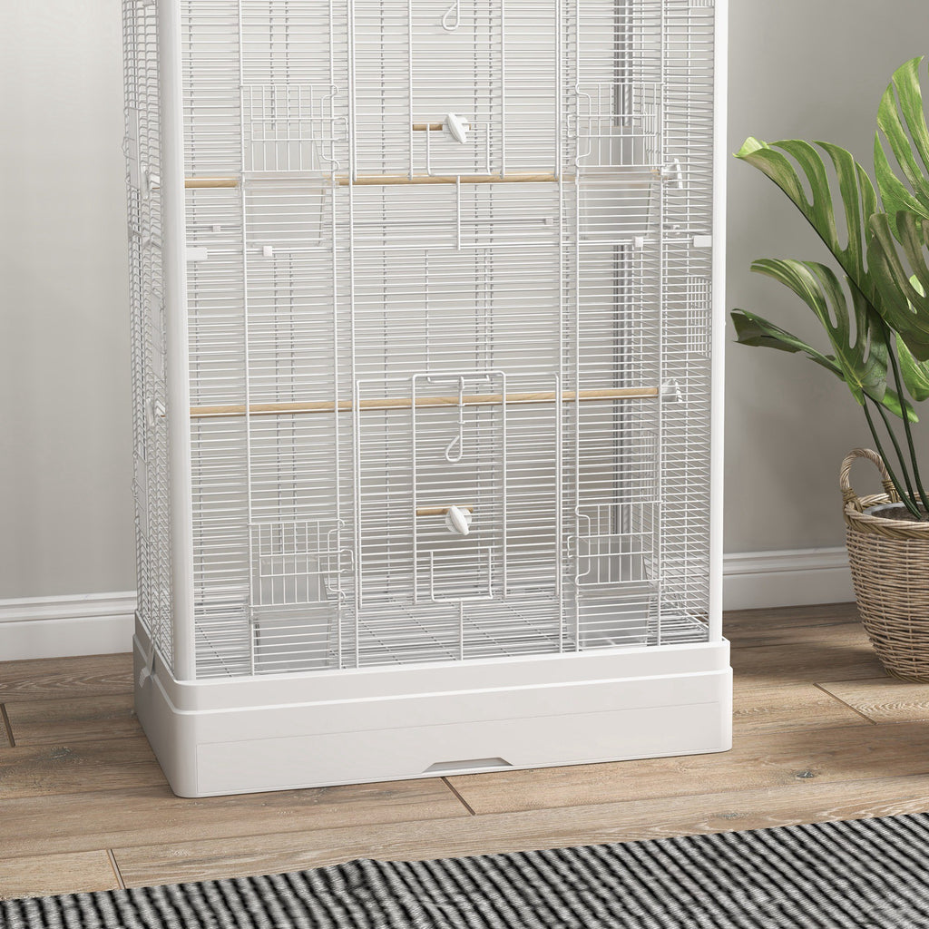 PawHut Vogelkäfig Voliere mit Türen Sitzstangen Käfig für Kanarienvögel Wellensittiche Papageien 61 x 36,5 x 98 cm weiß