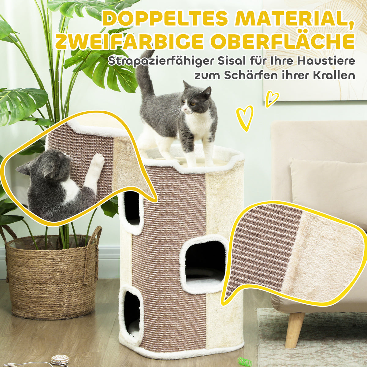 PawHut Kratztonne für Katzen, Katzenbaum, 3 Ebenen, robust, weicher Plüsch, Rückzugsort, Beige