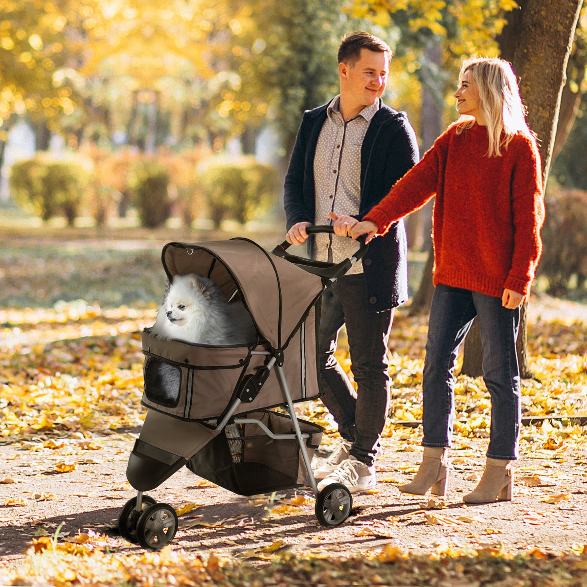 PawHut Hundebuggy Hundewagen bis 10 kg Klappbar Bodenkorb 2 Becherhalter verstellbares Vordach Kaffeebraun