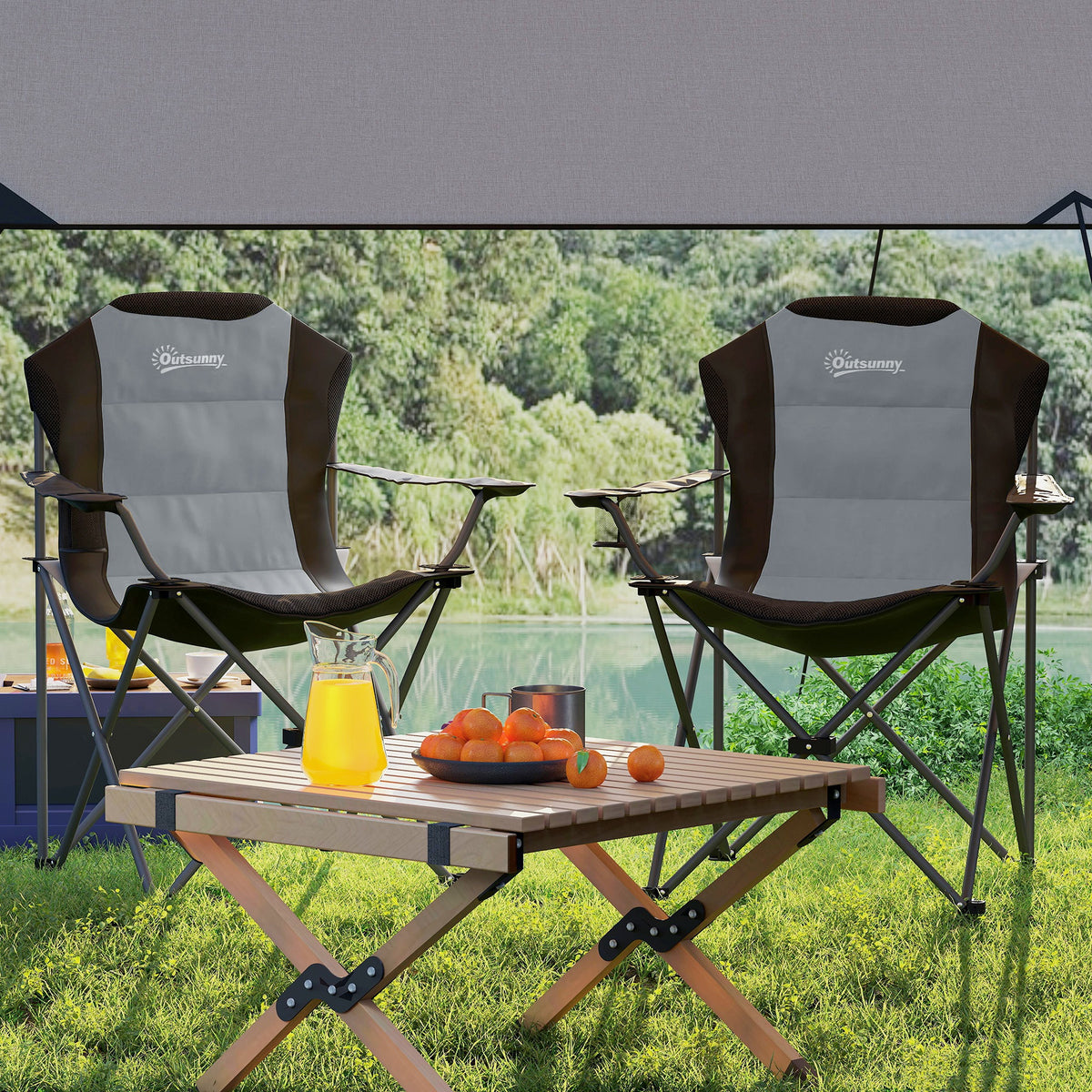 Outsunny Lot von 2 klappbaren Campingstühlen gepolstert mit hoher Rückenlehne und Getränkehalter, belastbar bis 120 kg, dunkelgrau