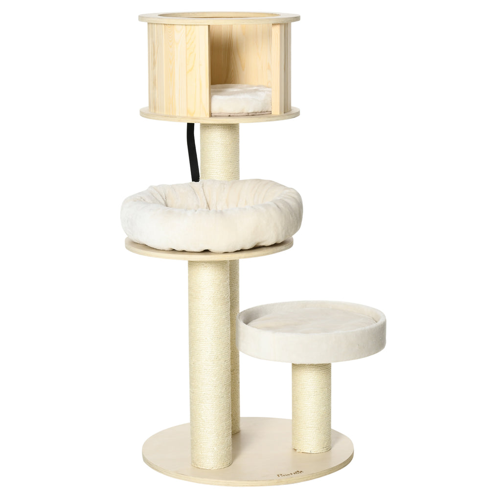 PawHut Kratzbaum Holz 122 cm hoch Katzenturm mit drei Ebenen, Sisalstämme, Plattform, mehrstöckiger Katzenkratzbaum, Kletterbaum für Katzen unter 4,5kg, Natur+Creme