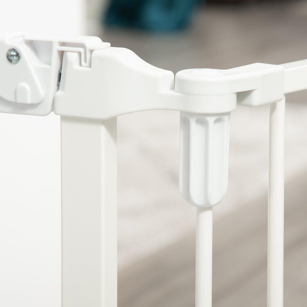 PawHut Hunde Absperrgitter Türschutzgitter Haustierschutzgitter verstellbar klappbar Kamingitter mit automatische schließenden Tür 3 Paneele für Ofen Wandmontage/Freistehend Weiß 202,5 x 76 cm