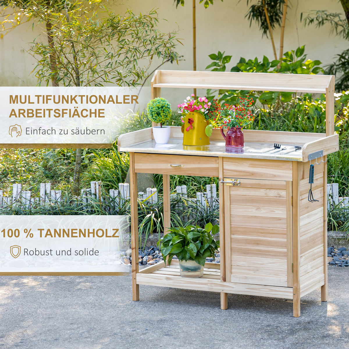 Outsunny Pflanztisch mit verzinkter Arbeitsplatte Gärtnertisch mit Schublade Schrank Garten Arbeitstisch Massivholz Natur 112 x 48 x 125 cm