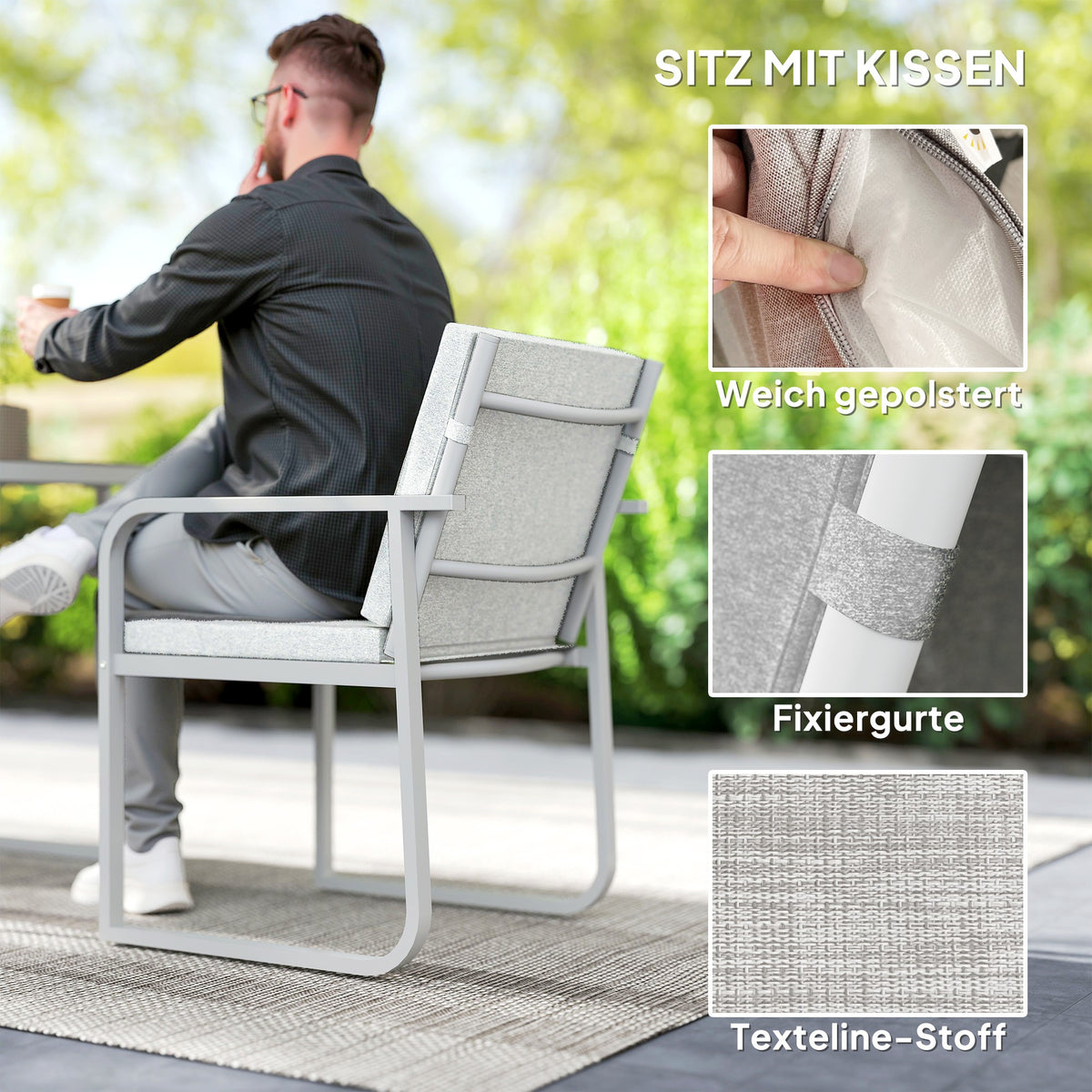 Outsunny Sitzgruppe 3-teilig Essgruppe für 2 Personen Esstisch mit 4 Stühlen Glastisch Hellgrau