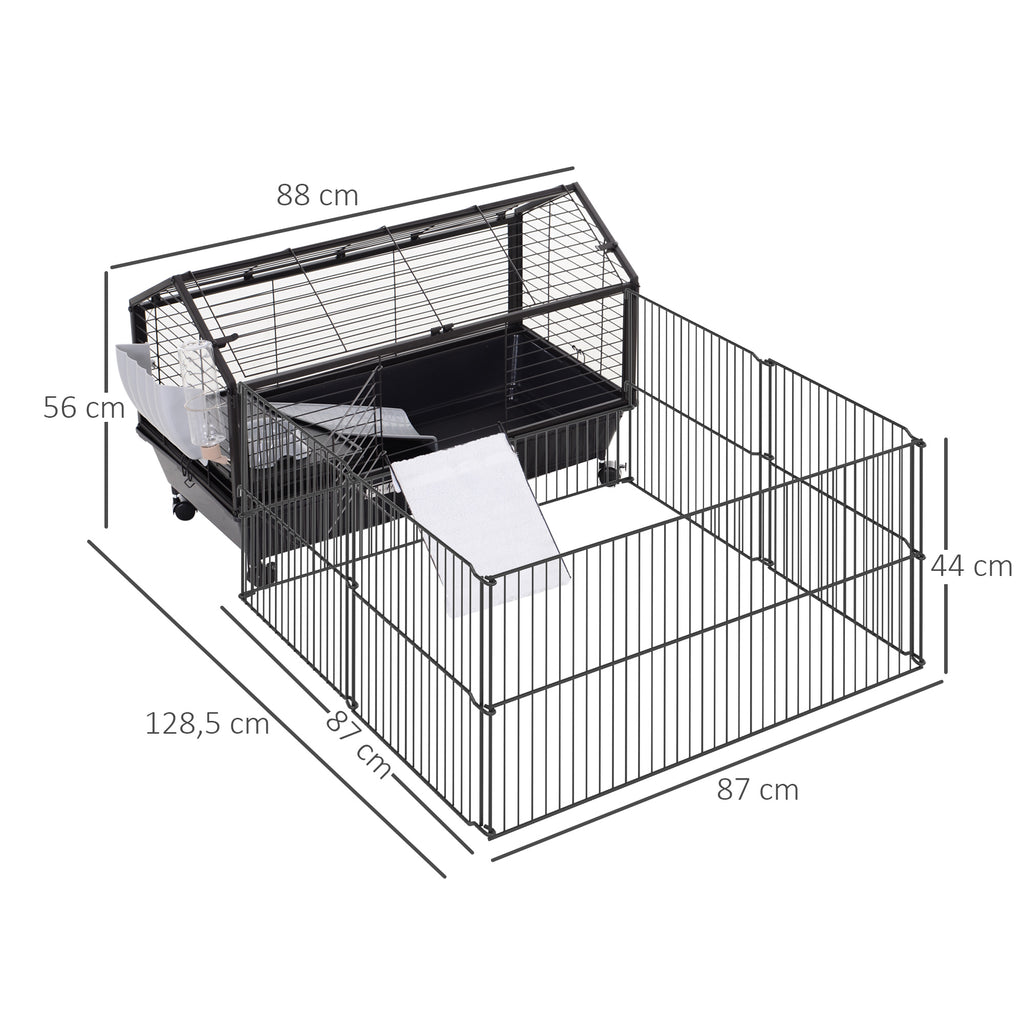 Pawhut Kleintierkäfig mit Freigehege inkl. Zubehör 88 cm x 128,5 cm x 56 cm  4 Rollen Schwarz Metall Polypropylen