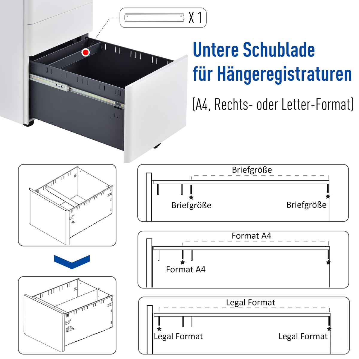 Vinsetto Rollcontainer, mobiler Aktenschrank mit 3 Schubladen, abschließbarer Büroschrank mit Hängeregistratur, Aufbewahrung, Stahl, 39 x 48 x 59 cm Weiß