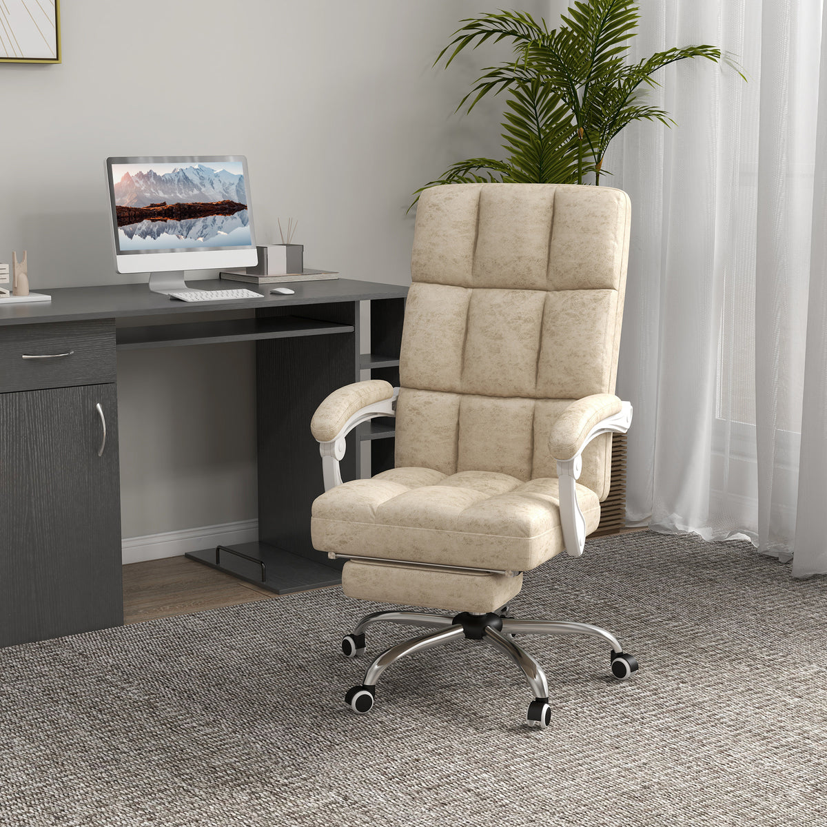 Vinsetto Bürostuhl mit Massage- & Wärmefunktion, Fußstütze, verstellbar, bis 120kg, Beige