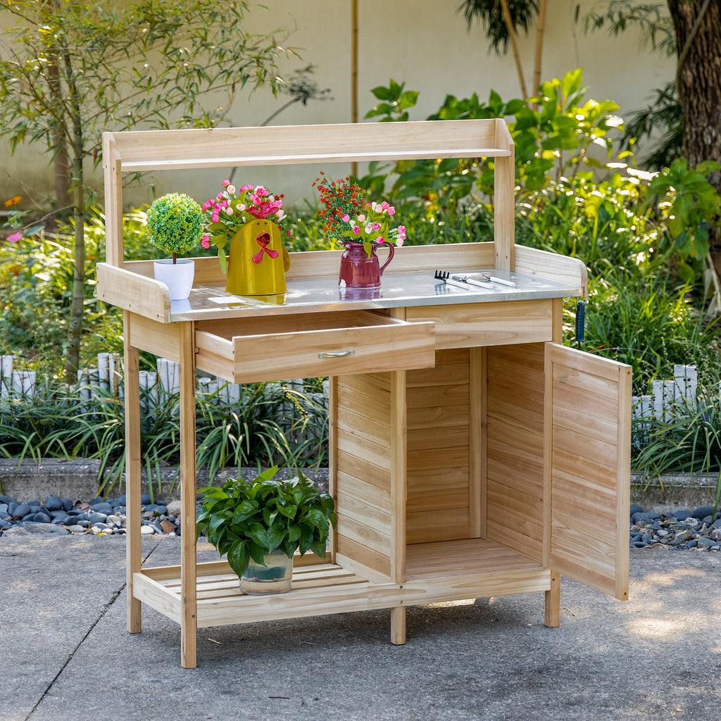 Outsunny Pflanztisch mit verzinkter Arbeitsplatte Gärtnertisch mit Schublade Schrank Garten Arbeitstisch Massivholz Natur 112 x 48 x 125 cm