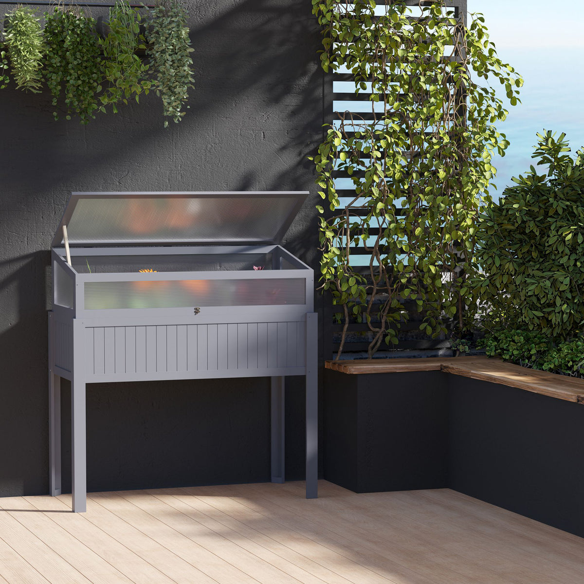 Outsunny Hochbeet Holz mit Frühbeet 2-in1 Gewächshaus Tomatenhaus Gemüsebeet Kräuterbeet Pflanzkasten für Garten Balkon und Terrasse Polycarbonat Grau 120 x 54 x 112/122 cm