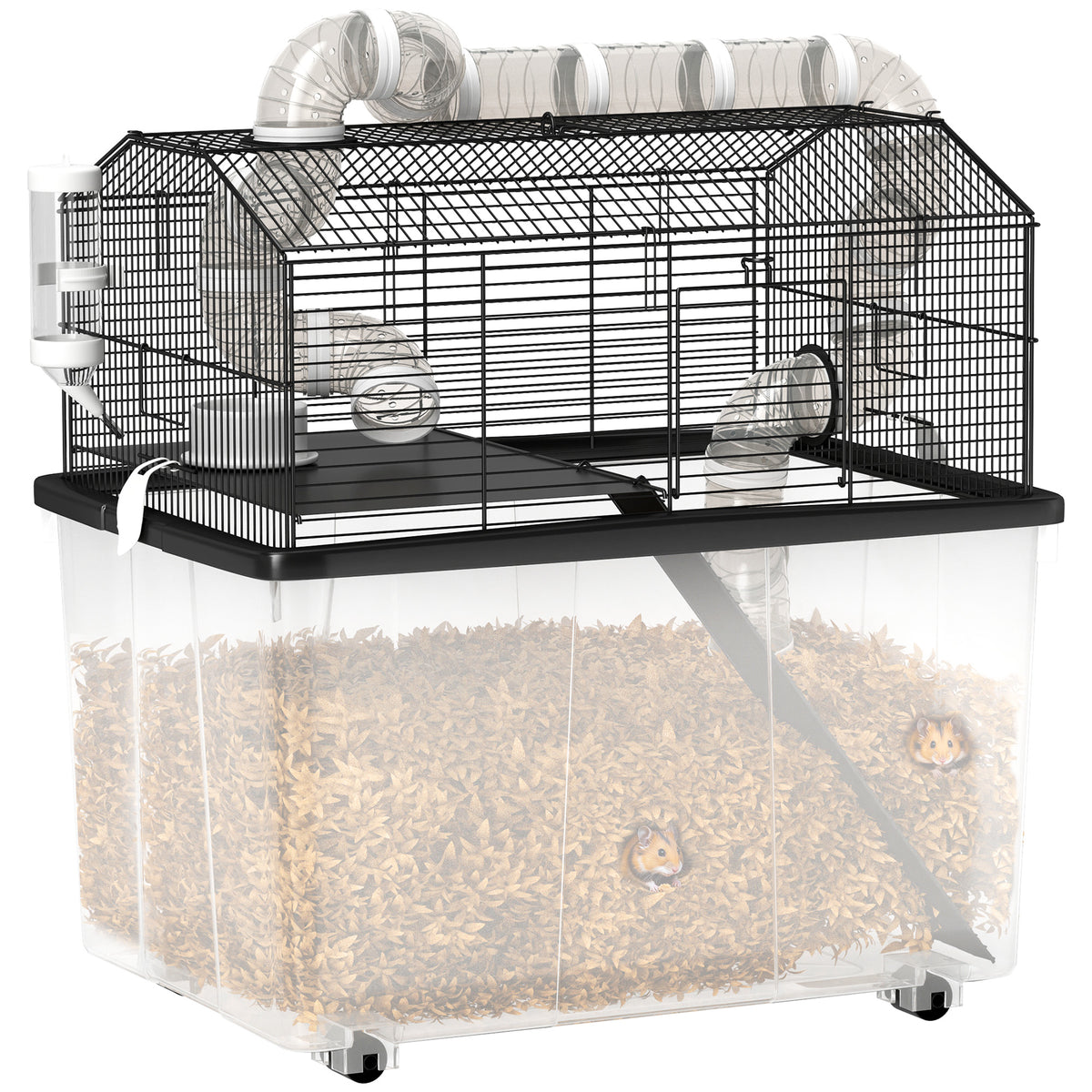 PawHut Tragbarer Hamsterkäfig Hamsterkäfig mit Rampe, Futternapf, Trinkflasche, Rohrsystem 58 x 43 x 57 cm Schwarz