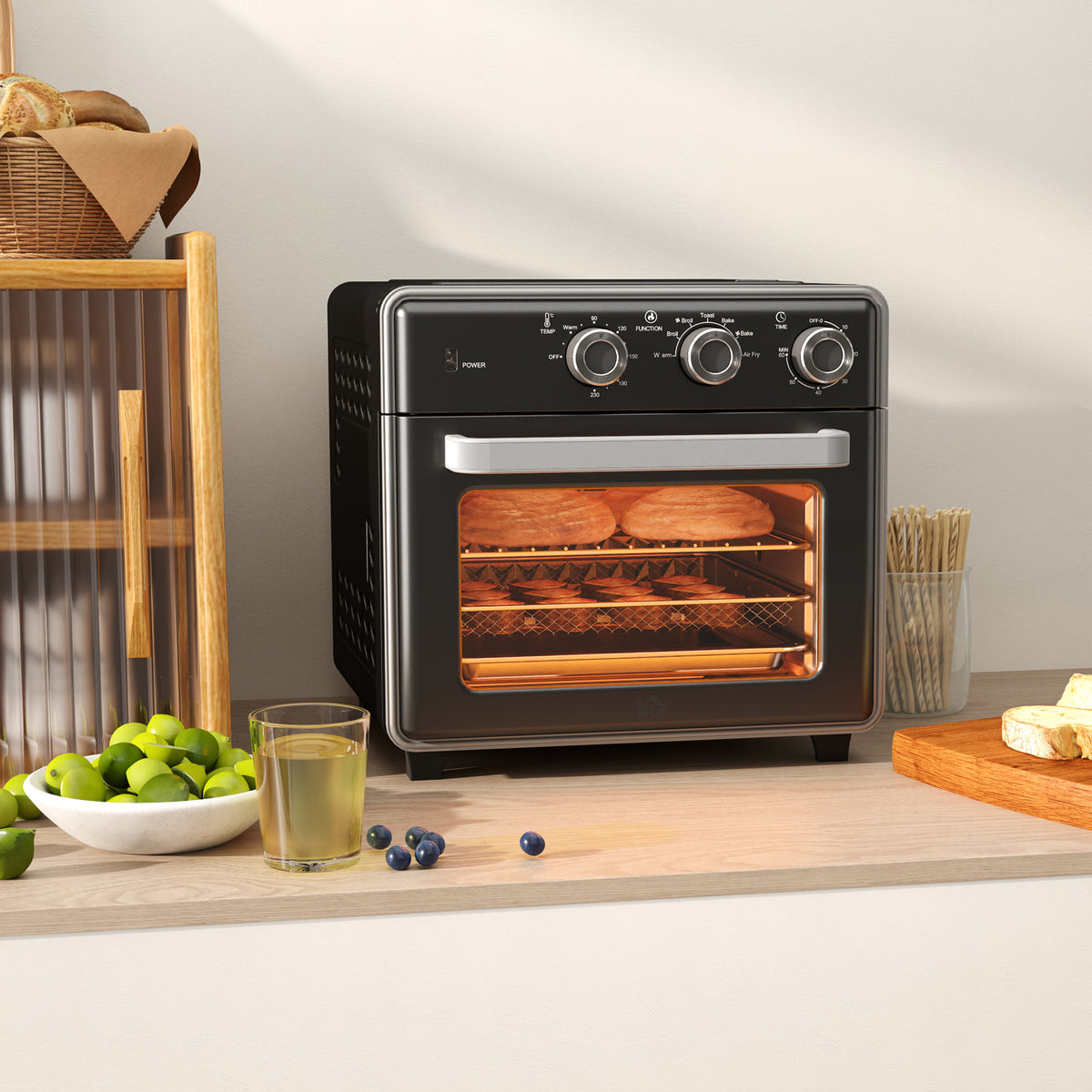 HOMCOM Minibackofen, 20L, 5 Funktionen, 360° Heißluft, Grillrost, Krümelblech, Schwarz